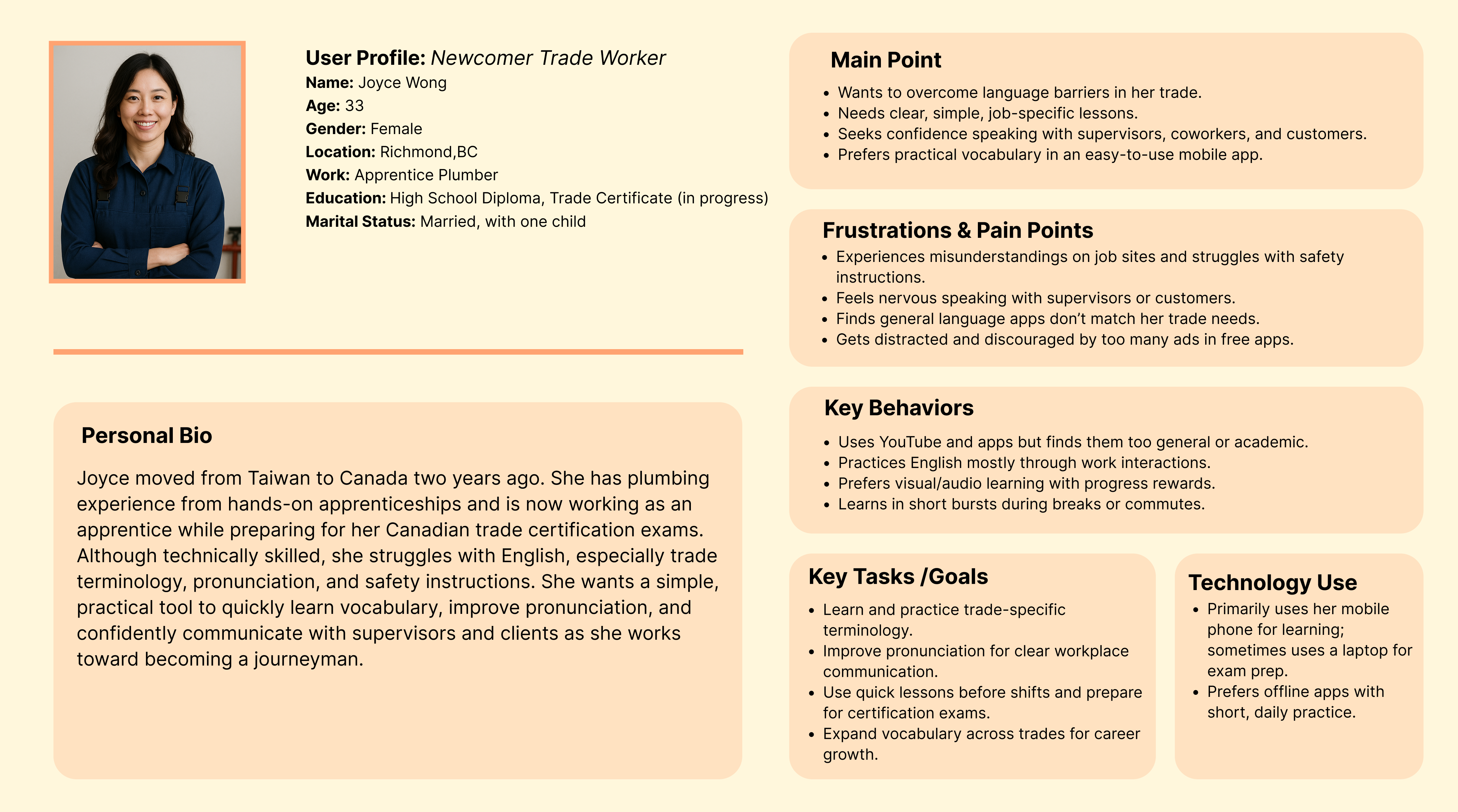 User persona 1 - Joyce Wong, Newcomer Trade Worker